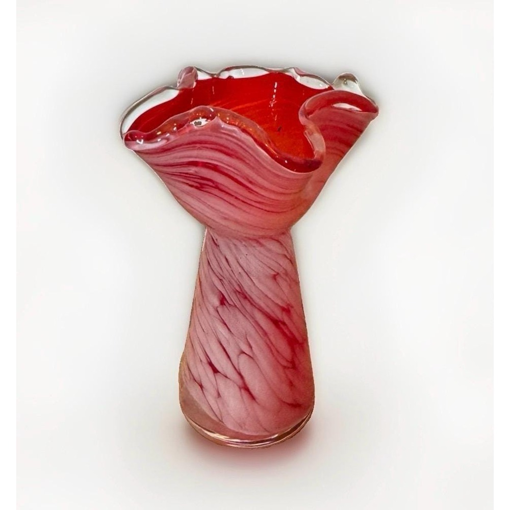 Vintage Art Glass Vase Red White Swirl Cased Mid Century Hand Blown Ruffled Rim